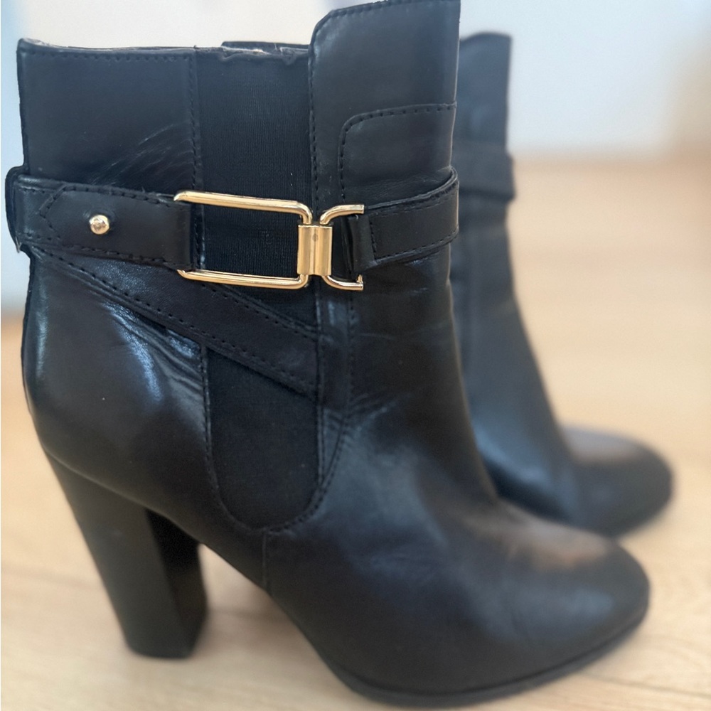 Aldo Black Ankle Boots with Gold Buckle
